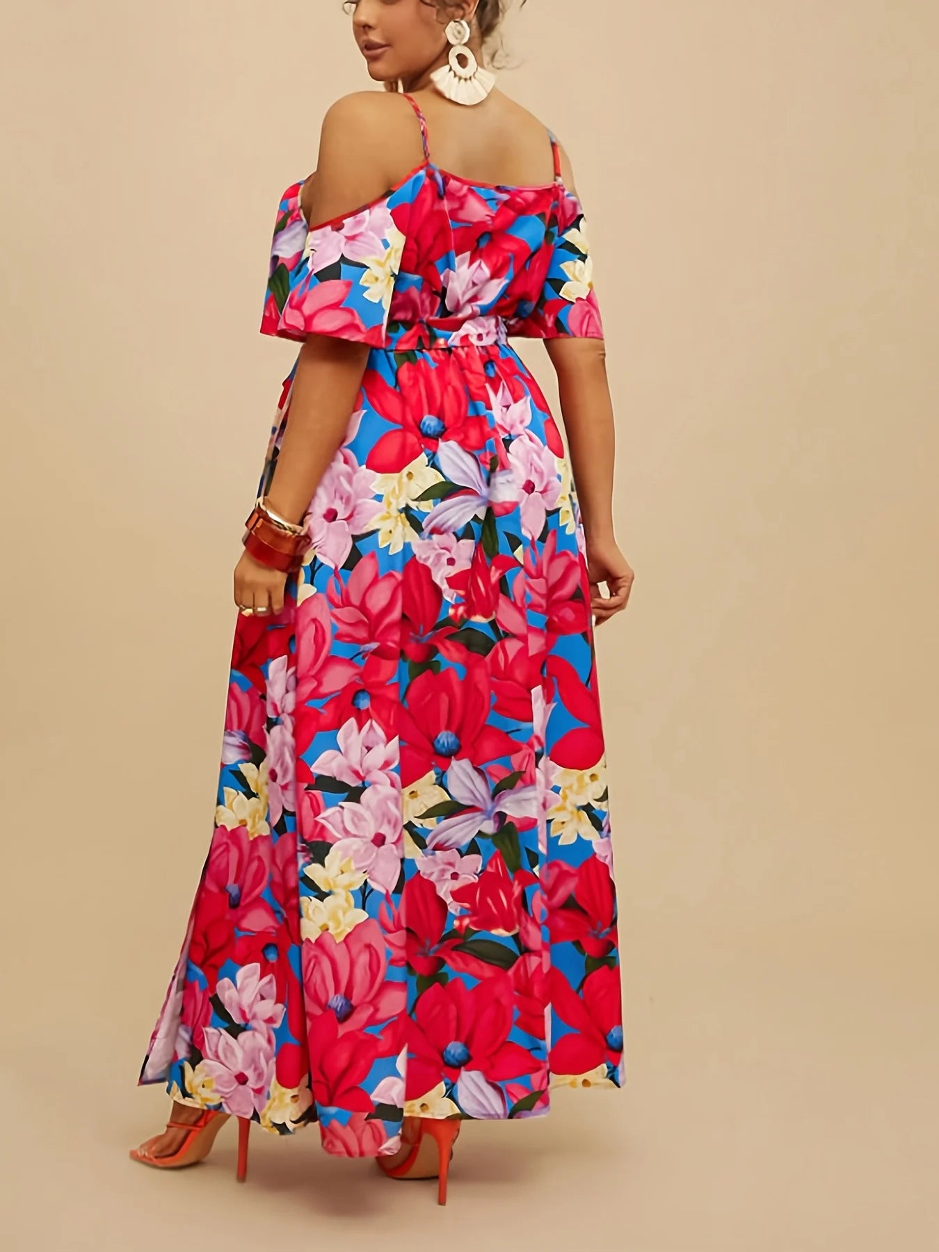 Sommer Neues elegantes schulterfreies, langärmliges Maxikleid in Übergröße, lässiges lockeres, tailliertes Kleid mit sexy Schlitz