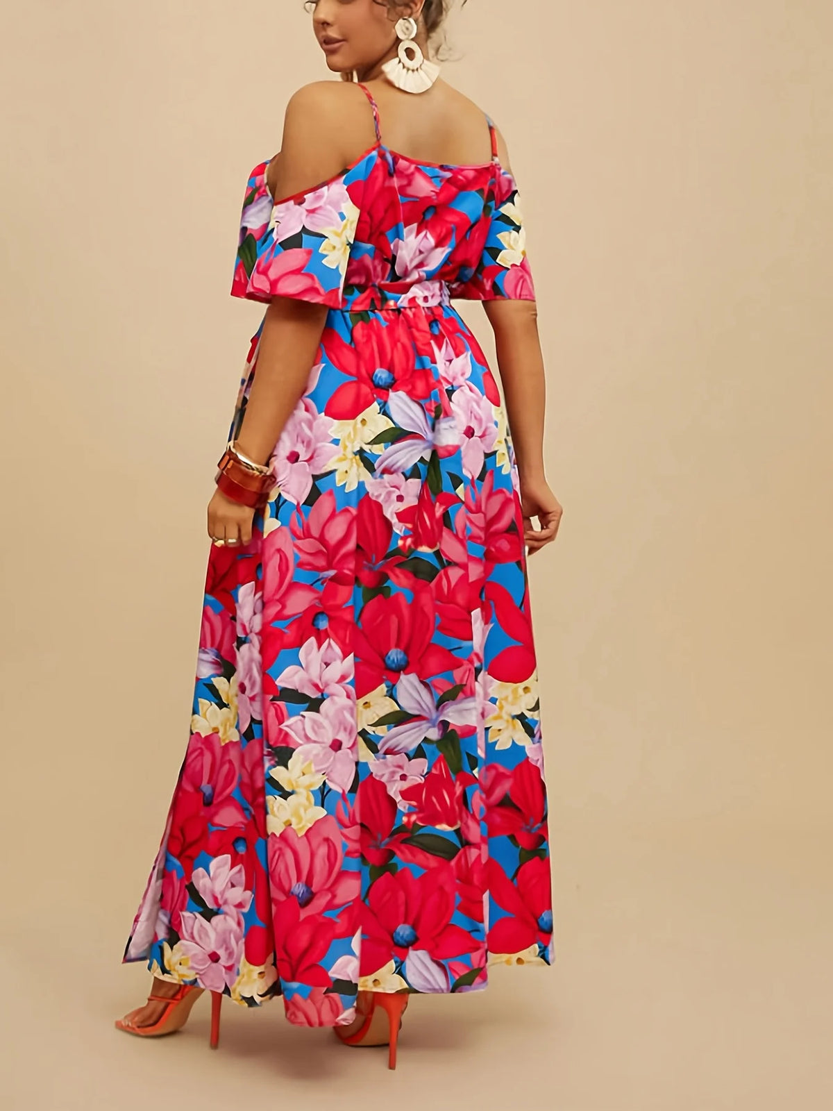 Sommer Neues elegantes schulterfreies, langärmliges Maxikleid in Übergröße, lässiges lockeres, tailliertes Kleid mit sexy Schlitz