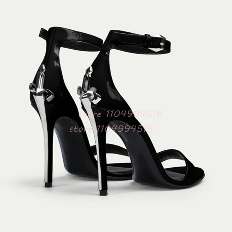 Women Sexy Pointed Toe Stiletto High Pumps Metal Decor Leather Super High Heels  Fashion Party Ladies Summer Gladiator Shoes