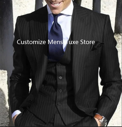 Men Suits Stripe Blazer Wedding Male Groom Tuxedos Suit with Pants 3 Pieces (Jacket+Pants+Vest) Costume Homme