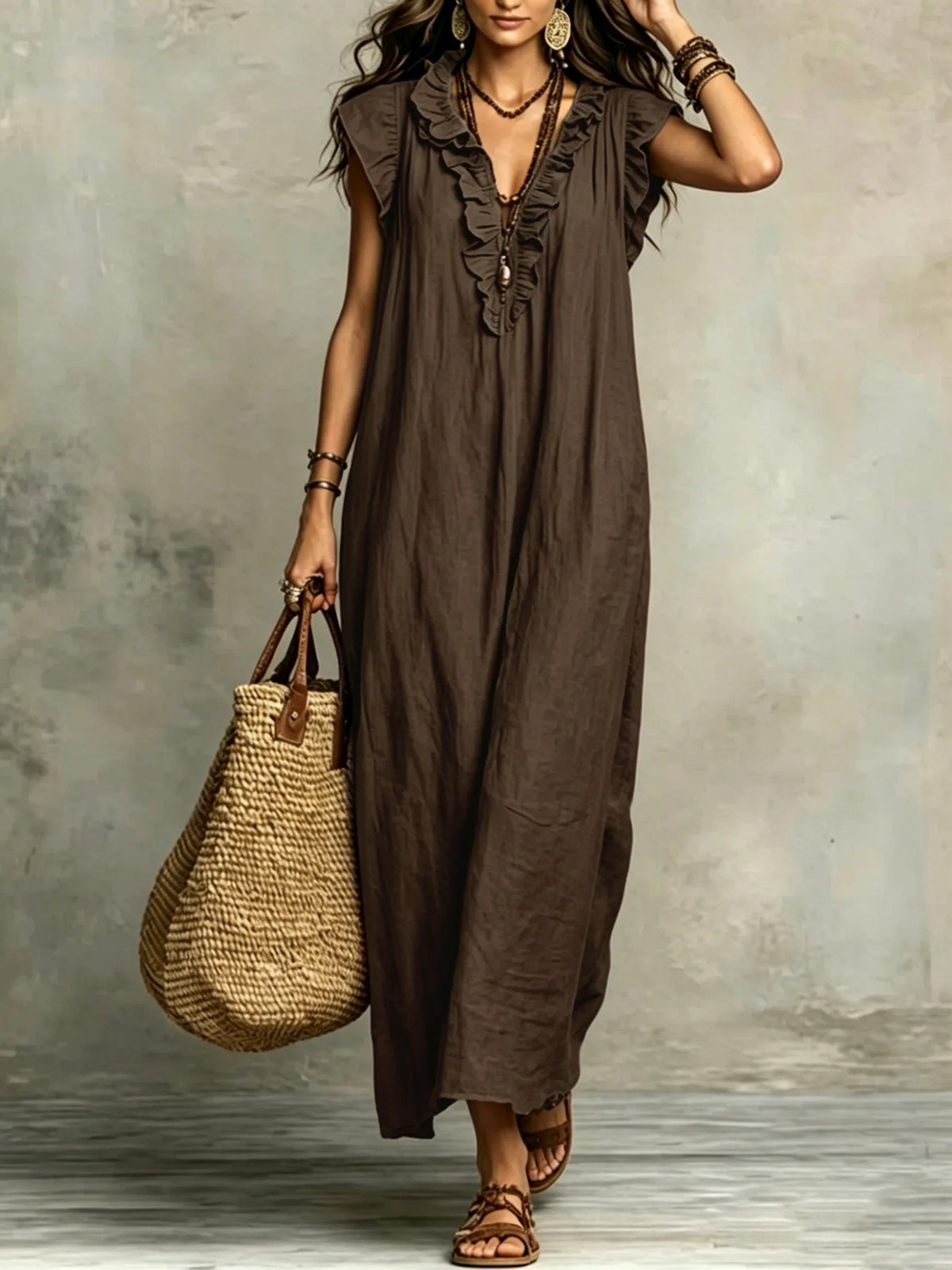 Women's Spring Summer Bohemian Long Dress with Flying Sleeves Elegant Gown for Ladies