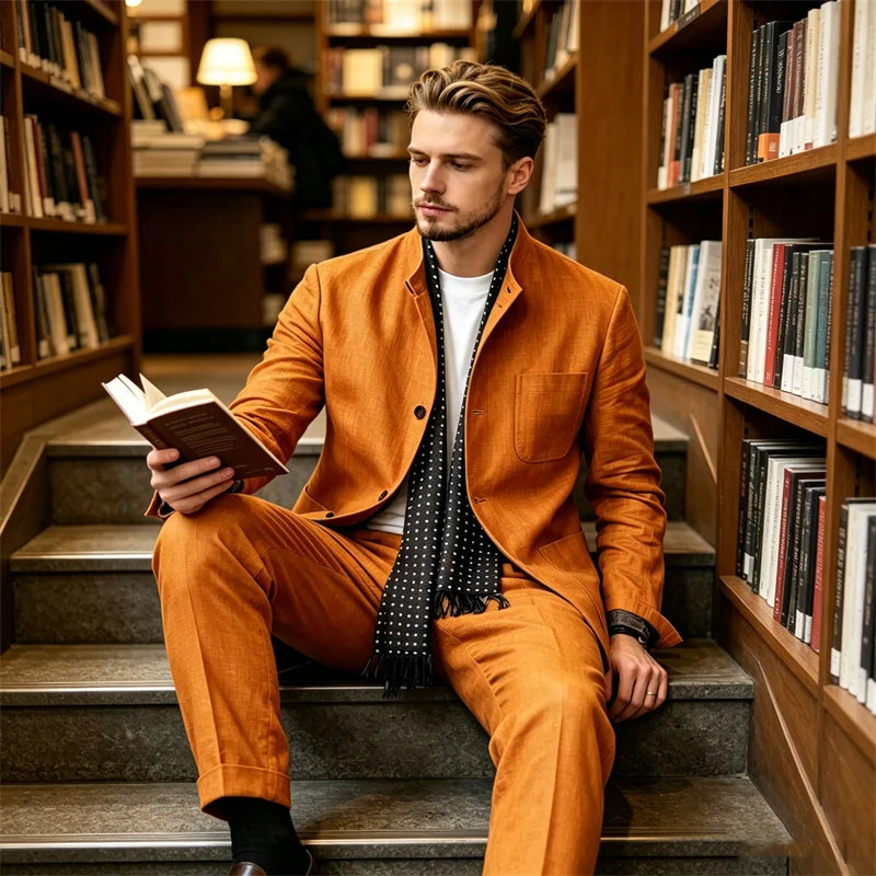 Men's 2 Piece Suit Linen Blend Stand Collar Single Breasted 3 Button Slim Fit Business Casual Vacation Wedding Breathable Outfit