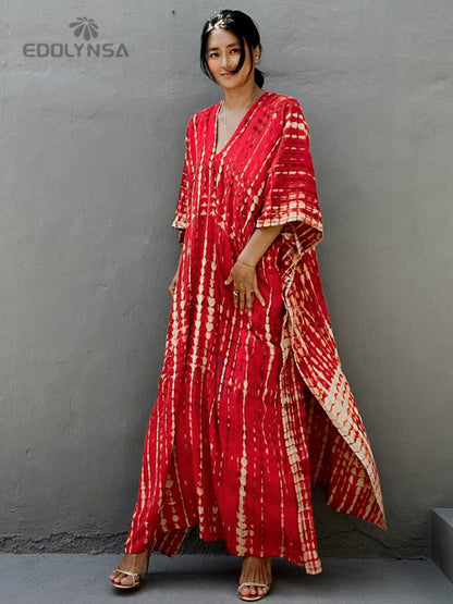 Bohemian Printed V-neck Batwing Sleeve Side Split Loose Dress For Women Clothes Plus Size Beachwear Maxi Dresses Q1218