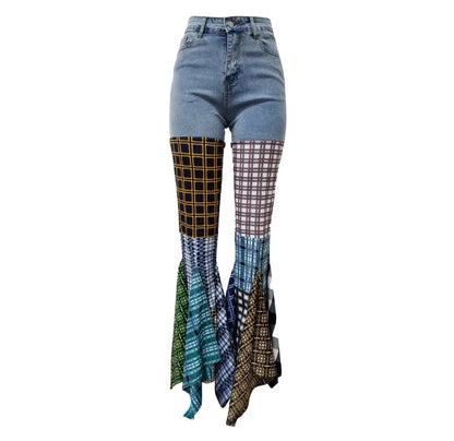 Women Jeans  Summer Fashion Spliced Houndstooth Denim Ruffle Edge Flared High Waist Jeans Pants Female Trousers Streetwear