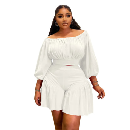 CM.YAYA Plus Size Women's Set Long Sleeve Slash Neck T-Shirt and Shorts  Summer Ruched Two 2 Piece Set Outfits Tracksuit
