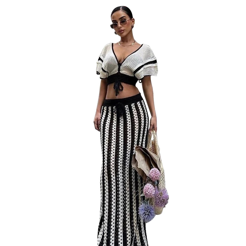 Summer 2 Pieces Women Sets Streetwear Beach Elegant Knitted Sexy V-Neck Hollow Striped Short Sleeve Top Two Piece Maxi Skirt Set