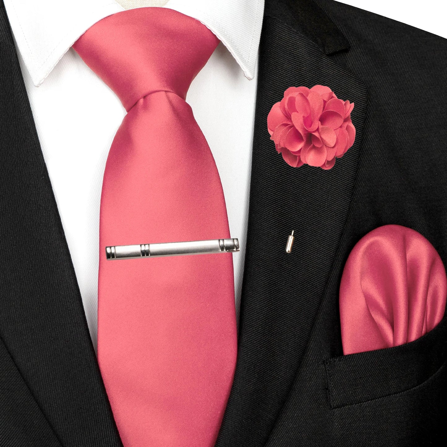 Mens Colors Solid Tie and Lapel Pin Necktie Pocket Square and Tie Clip Sets for Business Casual 4PCS