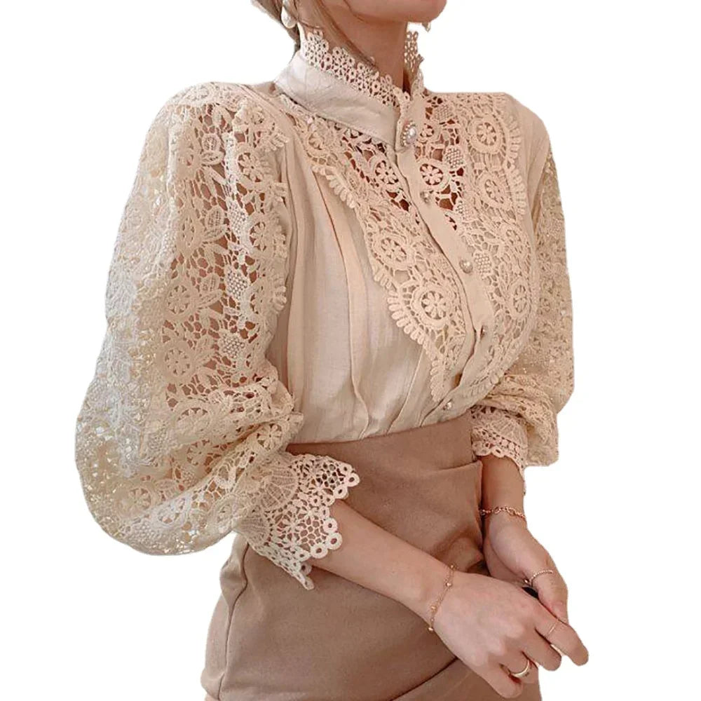 Women White Lace Blouse Long Sleeve Vintage Lace Shirt Korea Fine Elegant Pearl Button Flower Blouse Sexy OL Office Outfit Top