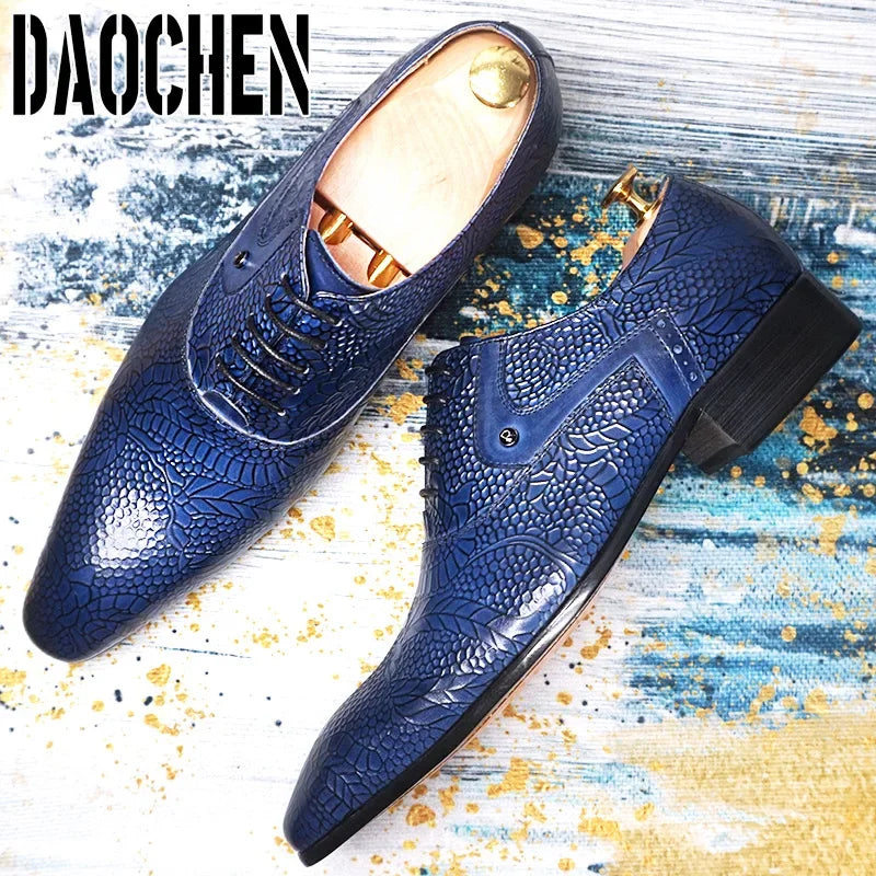 Luxury Brand Men Oxford Shoes Lace-up Pointed Toe Blue Casual Dress Man Shoe Flowers Print Genuine Leather Shoes For Men