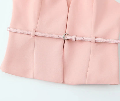 TRAFZA Vintage Chic Solid Women Suit V Neck Sleeveless Sashes Vest Blazer Straight Shorts New Fashion  Summer Office Sets
