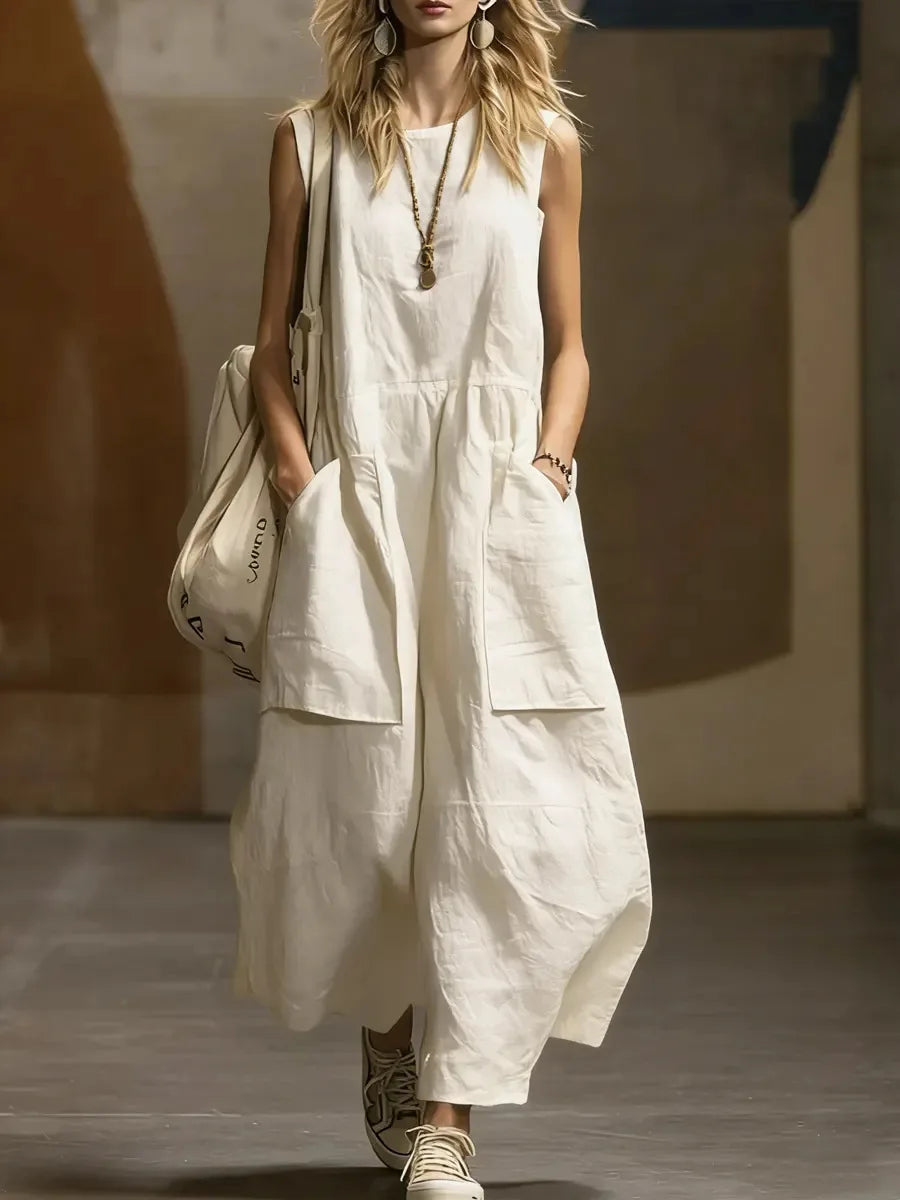2026 Summer Loose And Simple Sleeveless Cotton And Linen Women's Dress New Fashion Casual Pocket Female Holiday Long Dresses
