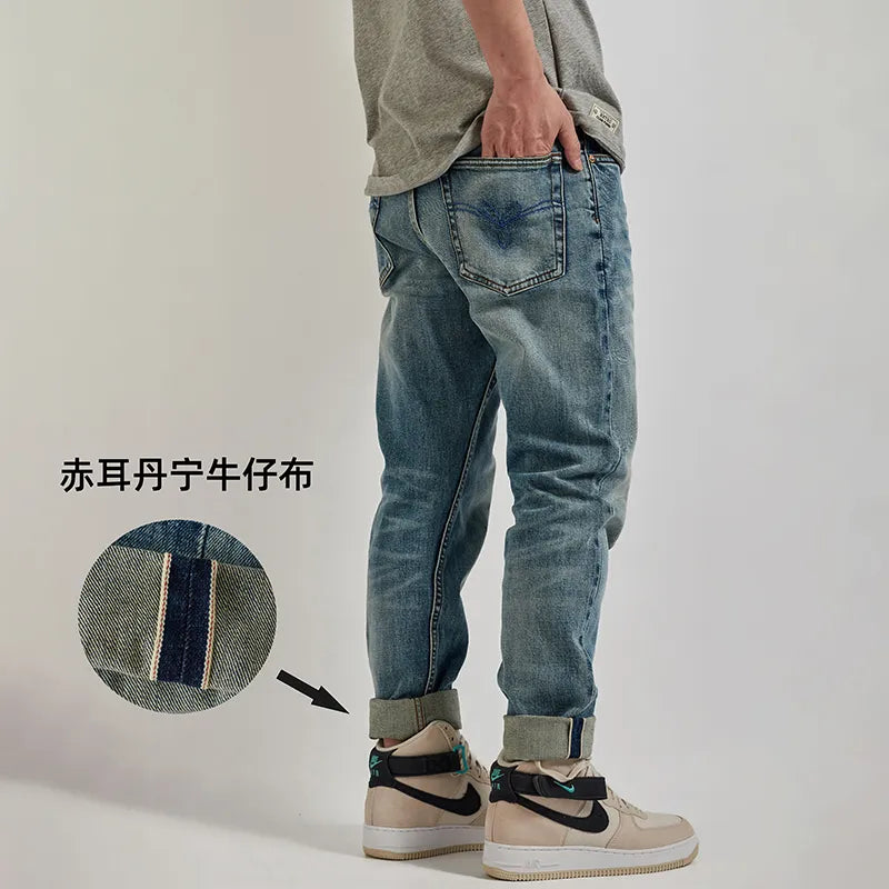 Selvedge Heavyweight Tapered Jeans Clothing for Men Denim Retro Pants Loose Straight Classic Washed Outdoor Casual Trousers