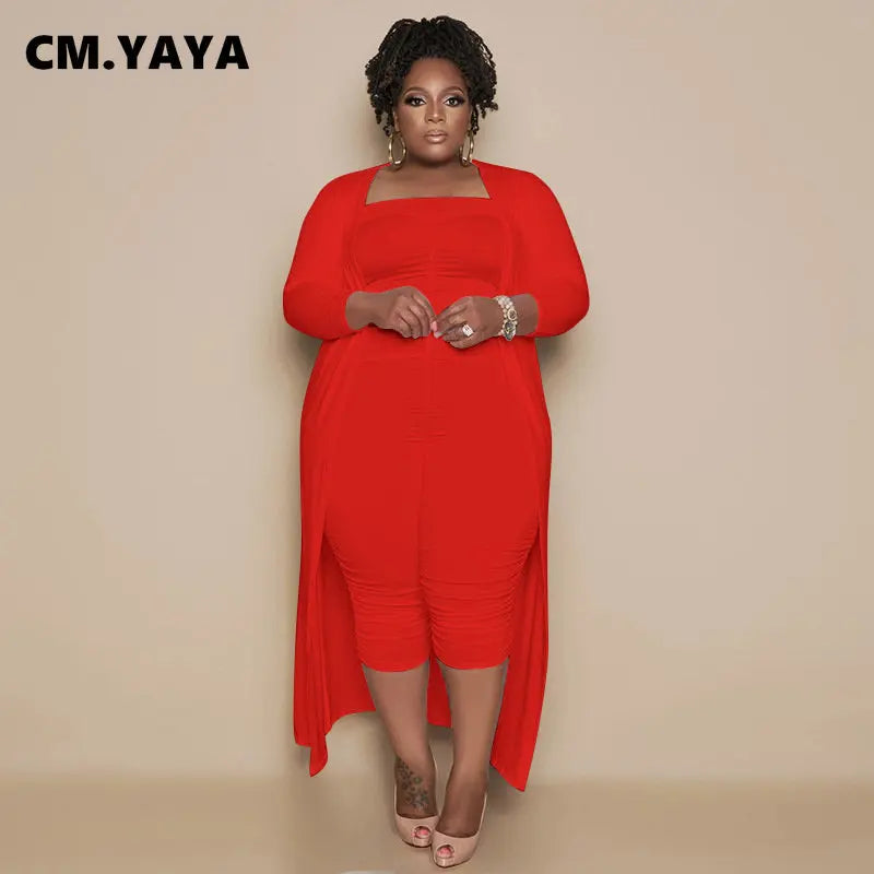 CM.YAYA Plus Size Women's Set Open Stitch Long Sleeve Maxi Top and Stacked Jumpsuit Suit 2023 Two 2 Piece Set Outfit Tracksuits