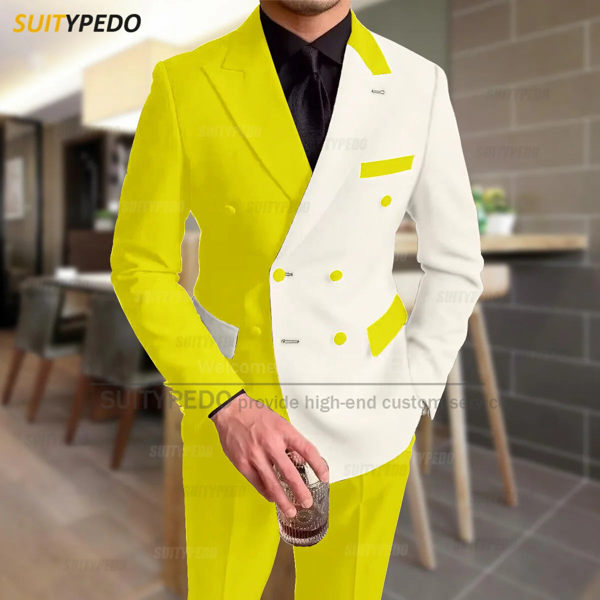 Fashion Black Ivory Splicing Men Suit Casual Party Classic Double Breasted Jacket Evening Dinner Elegant Blazer Pants Outfits