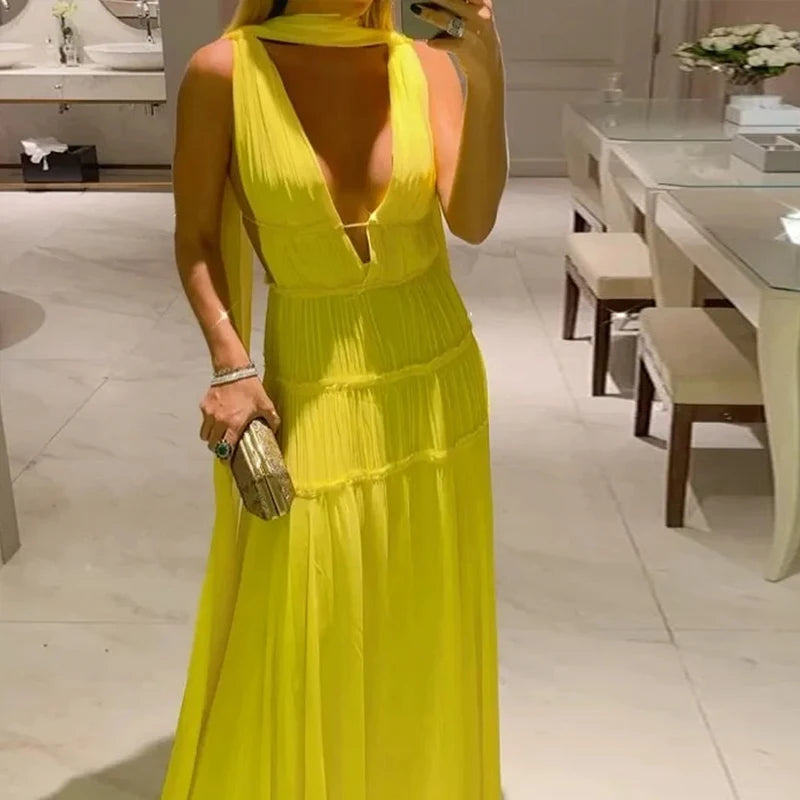 Ellafads Maxi Dress Women's 2024 Summer Fashion Solid Sleeveless Hollow V Neck Backless Loose Pleated Holiday Dresses Streetwear