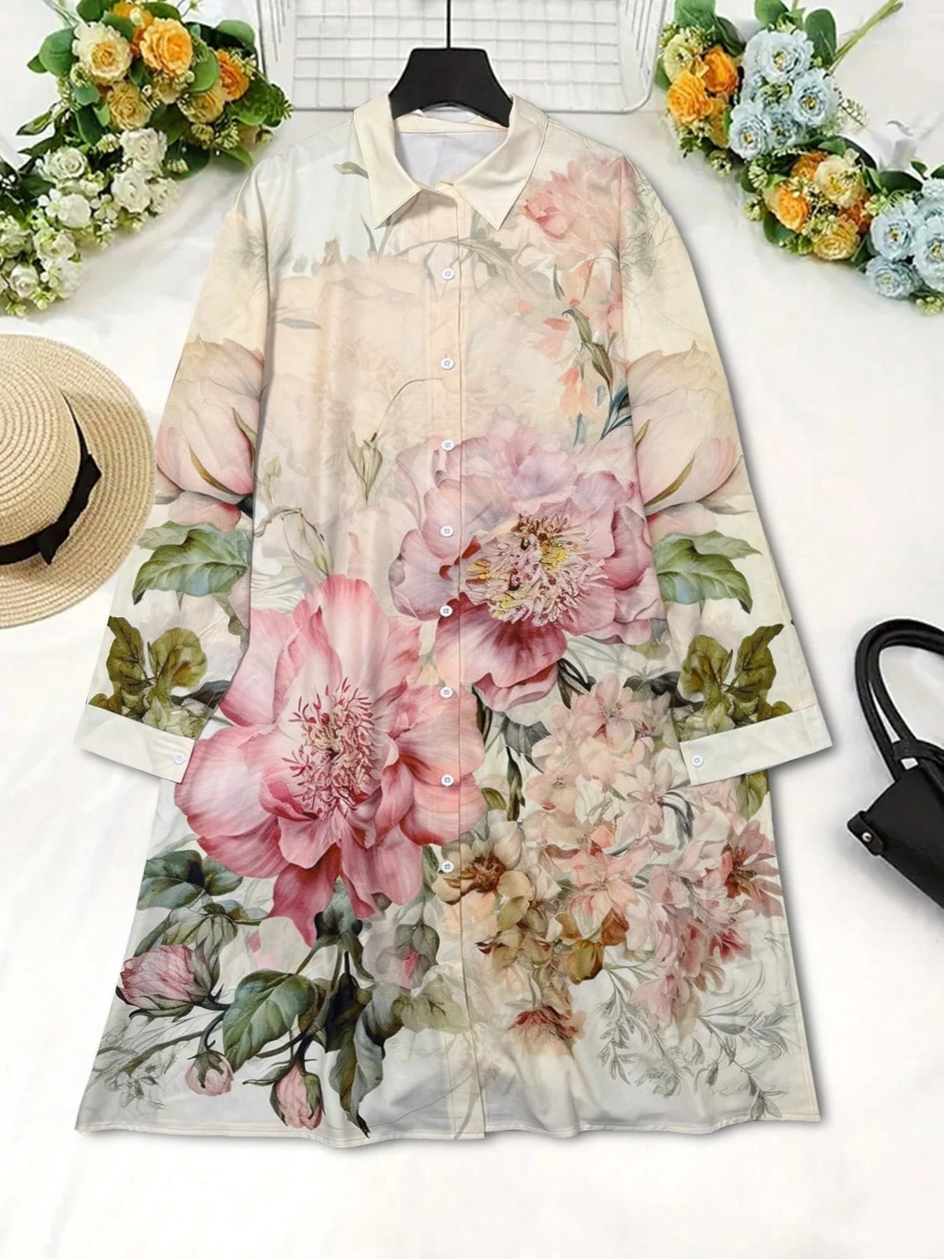 Plus Size Women's Vintage Chic Floral Print Long Sleeve Shirt Dress