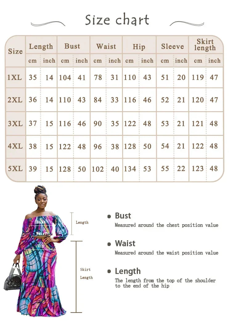 Plus Size Elegant Women's 2 Pieces Set Tube Top Off Shoulder Long Sleeve Printing Suit High Waisted Long Dresses Women Clothing