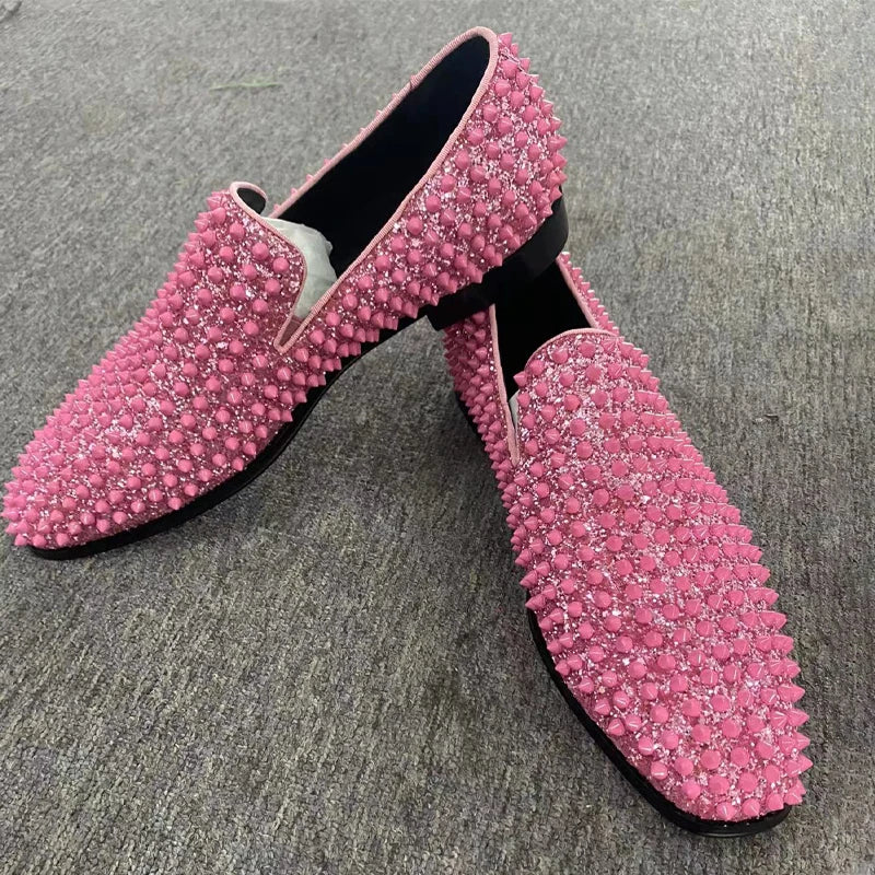 Pink Glitter Rivet Loafers Bulingbuling Men’s Shoes Pointed Head Slip On Calfskin Leisure Wedding Dress Business Single Shoes