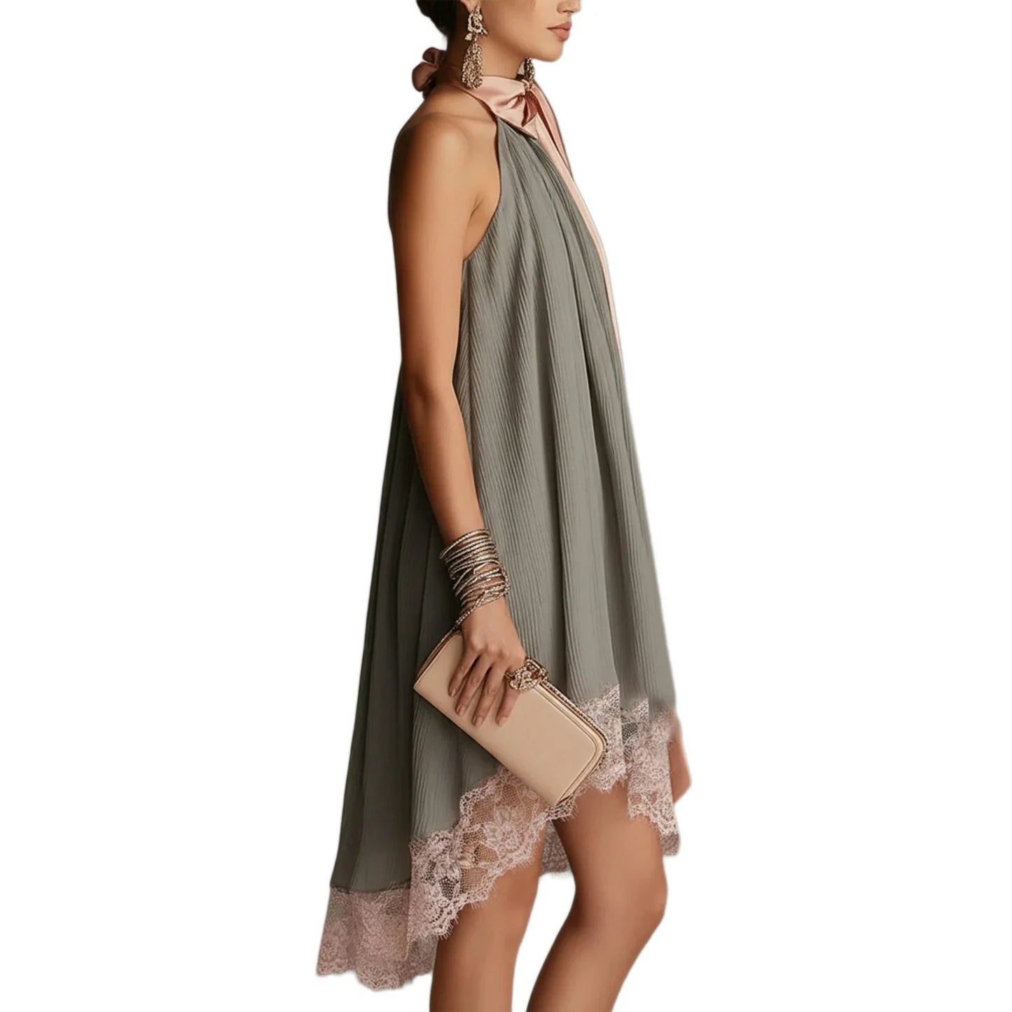 Pleated Halter Mini Dress for Women Pink Satin Big Bow Neck Tie Sleeveless Loose Flowy Elegant Cocktail Wedding Guest Dress