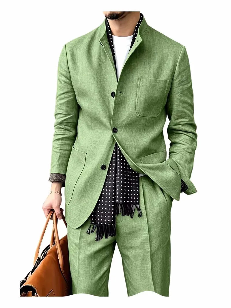 Men's 2 Piece Suit Linen Blend Stand Collar Single Breasted 3 Button Slim Fit Business Casual Vacation Wedding Breathable Outfit