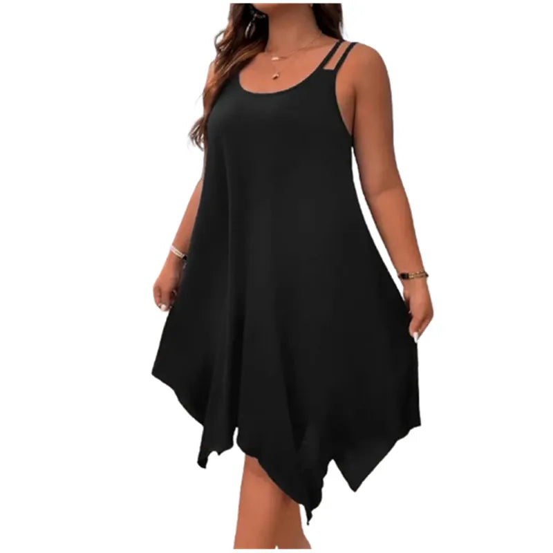 Plus Size Womens Solid Strappy Asymmetrical Hem T Shirt Midi Dress Ladies Sleeveless Casual Loose Summer Holiday Sundress XL-5XL