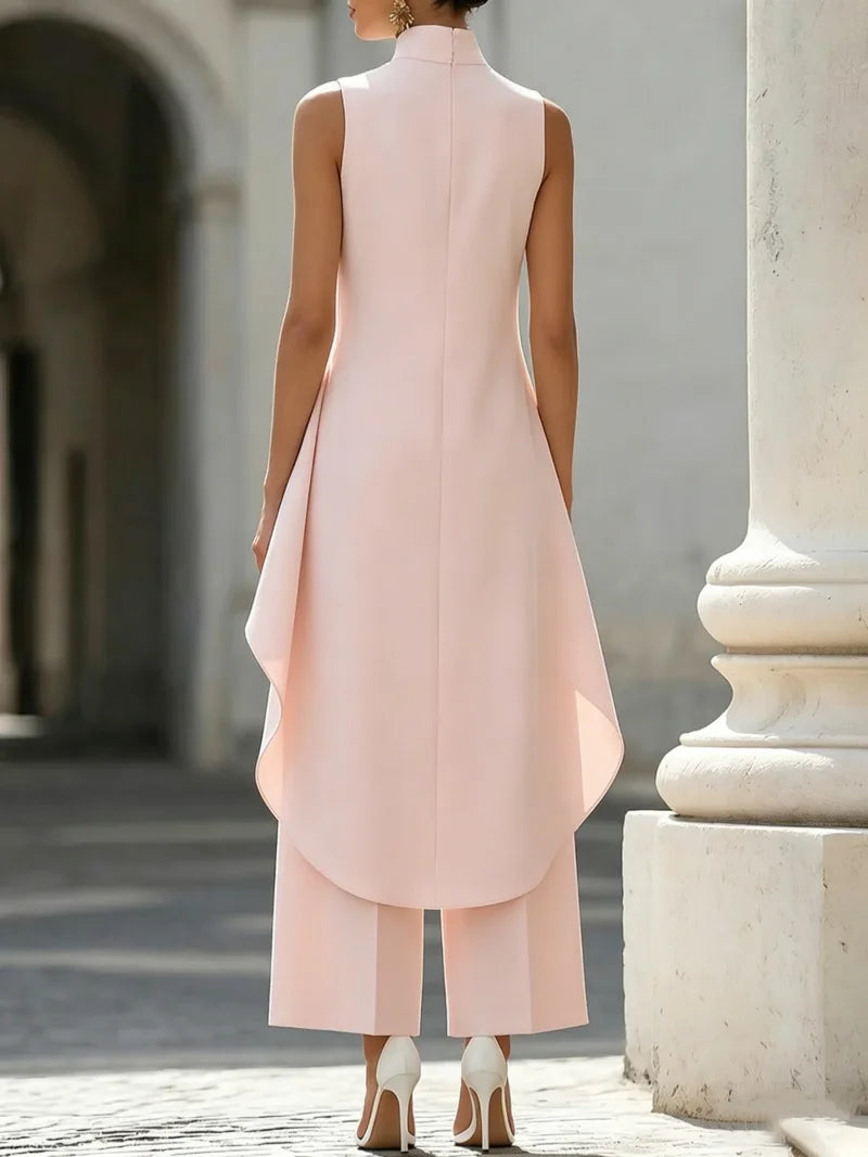 Sleeveless High Neck Jumpsuit With Asymmetric Draped Overlay Wide Leg Culottes Elegant Formal Evening Wear For Women