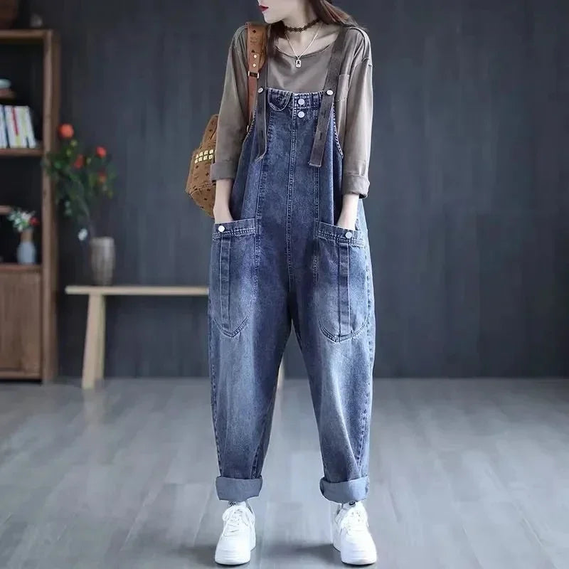 Jumpsuit Women Jeans Rompers New Retro Big Pocket Loose Denim Overalls Fashion Large Size Wide-leg Pants Drop Shipping