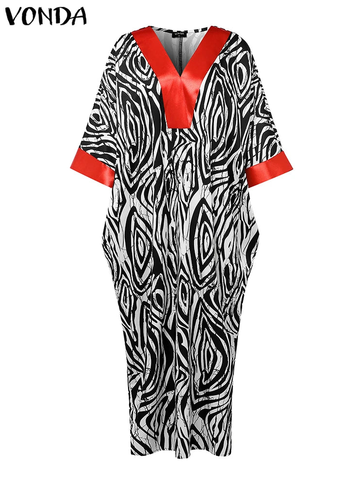 Plus Size 5XL VONDA Vintage Maxi Dresses Women Flare Sleeve Satin Sundress V-Neck Printing Patchwork Long Vestidos Party Robe