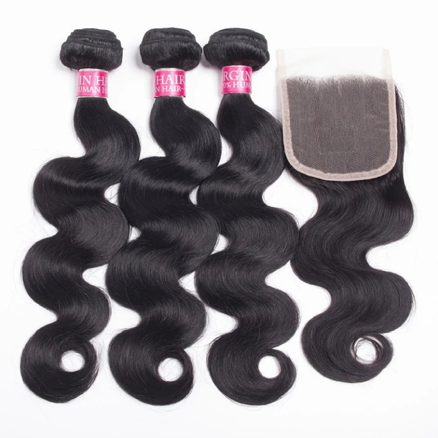 Raw Brazilian Body Wave Bundles With Closure Human Hair Weave Unprocessed Remy Hair 4x4/5x5 Lace Closure With 3/4 Bundles