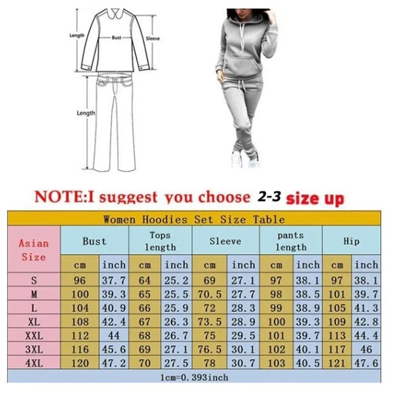 Casual Womens Tracksuit Print Hooded Sweatshirts+Trousers Set Casual Jogging Outfits Autumn Winter European Street Warm Clothing