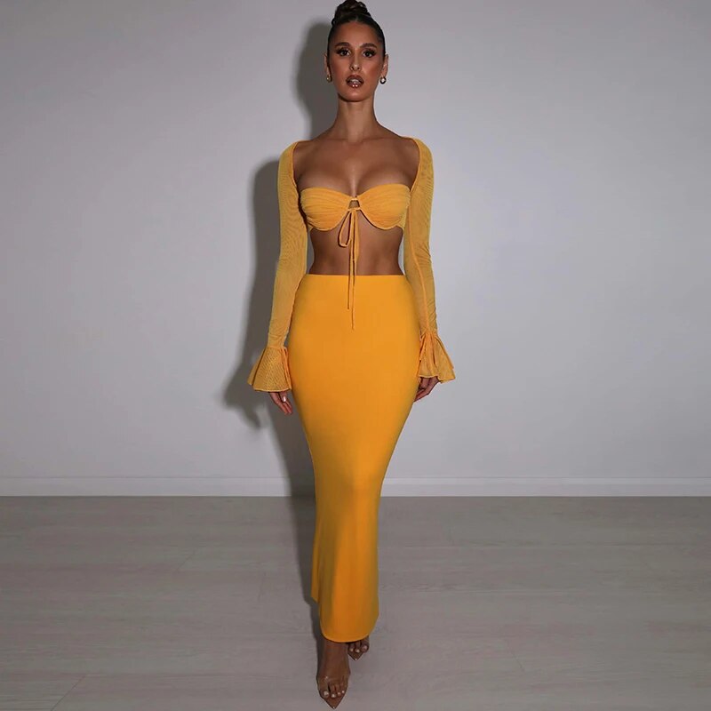 Elegant 2 Piece Sets Women Outfit 2023 Long Sleeve Top And Maxi Skirt Sets Party Festival Night Club Outfits Co ord Sets