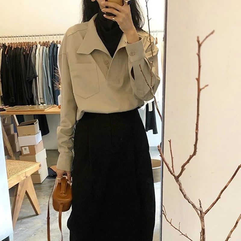 Y2k Harajuku Women Shirts Korean Loose Stand Collar Pockets Female Blouse Autumn Fashion All Match Chic Button Ladies Casual Top