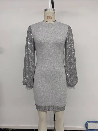 Autumn New Party Dress Sexy Sequin Long Sleeved Patchwork Solid Color Slim Fit Hip Hugging Knitted Frock Dresses  Woman
