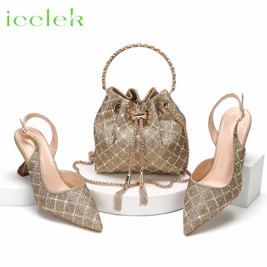 2023 Italian Design Luxury Women's Shoes And Clutch Gold Color Full Diamond Decoration Metal Closure Bag for Wedding Party