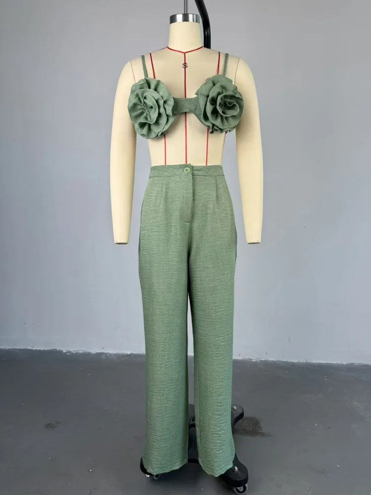 Joskaa Elegant 2 Piece Sets Women Sexy 3D Flower Crop Camisole and Straight Leg Pants Matching  Summer Vacation Streetwear