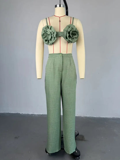 Joskaa Elegant 2 Piece Sets Women Sexy 3D Flower Crop Camisole and Straight Leg Pants Matching  Summer Vacation Streetwear