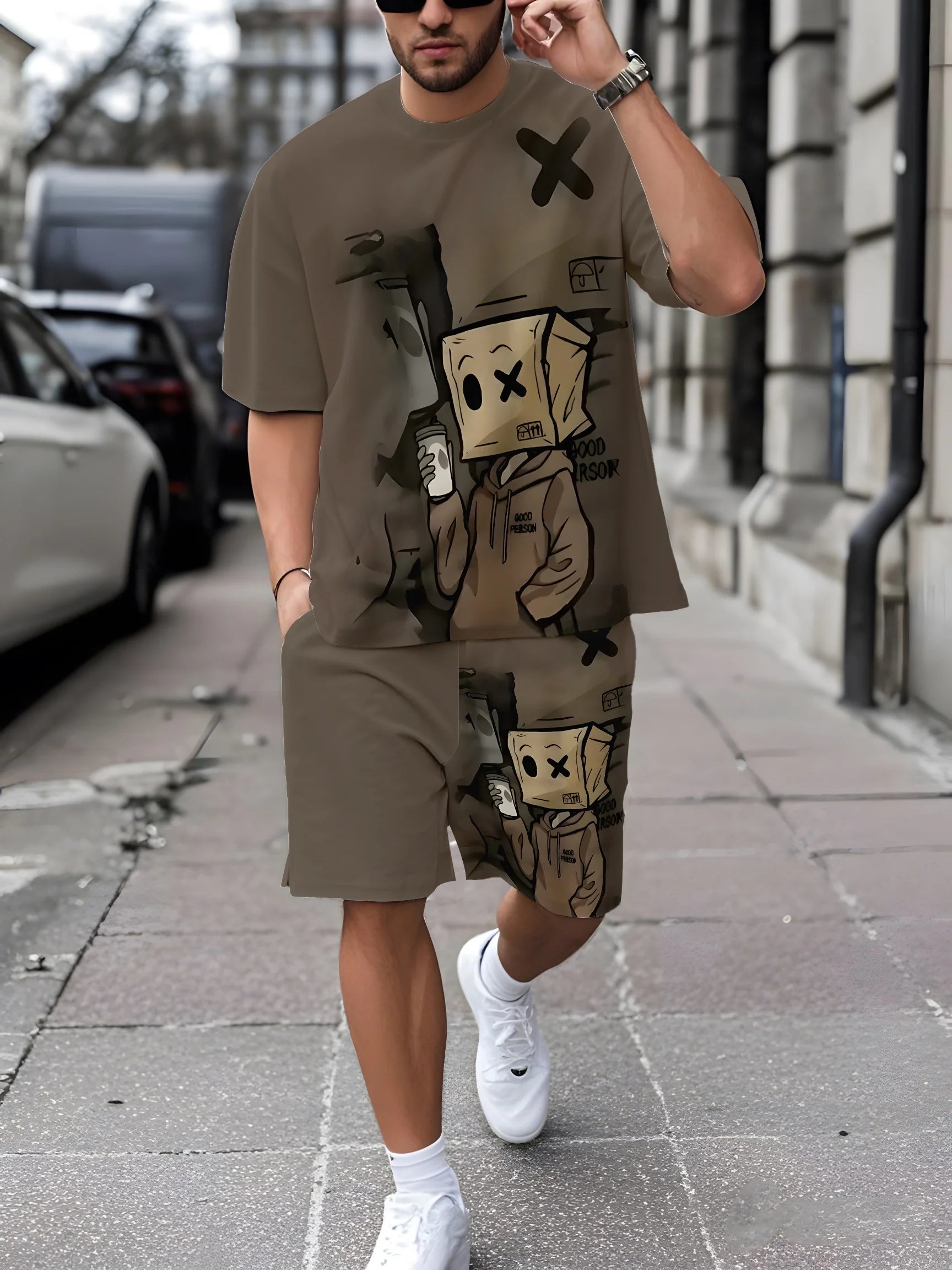Summer Men's Fashion Casual Sports Set Loose-Fit Trendy Doll Graffiti Print Crew Neck Short Sleeve Two-Piece Set with Shorts