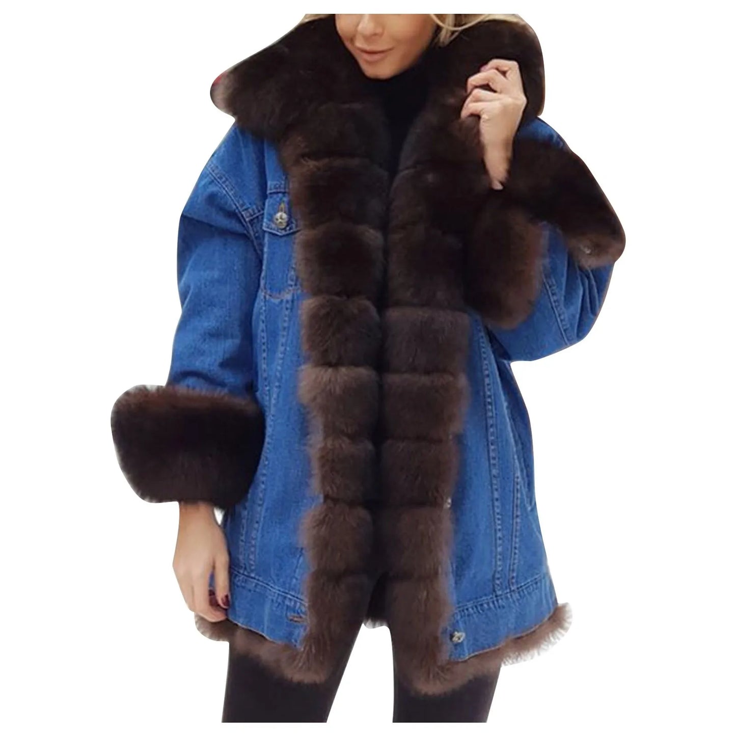 Fashion faux fur coat Autumn and winter Women's long-sleeved leather fur denim Medium coat Splicing Fleece Jackets Warm Overcoat