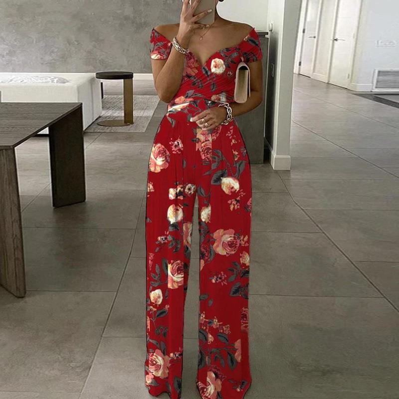 Sexy Outfit Off Shoulder Print Wide Leg Jumpsuit Women 2023 Summer Casual Boho Casual High Waist Jumpsuits Clothes Overalls