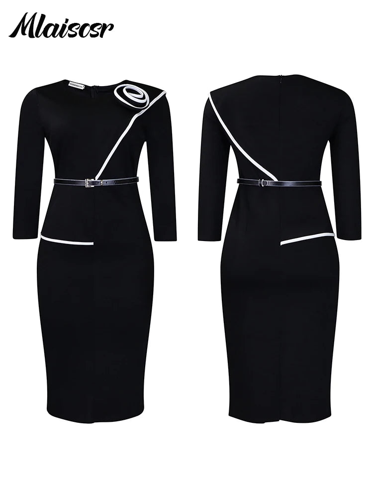 Mlaiscsr Fashion African Mid Dresses with Belt Women 3D Flowers 3/4 Sleeve O-neck Party Evening Office Lady Bodycon Vestidos