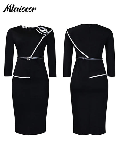 Mlaiscsr Fashion African Mid Dresses with Belt Women 3D Flowers 3/4 Sleeve O-neck Party Evening Office Lady Bodycon Vestidos