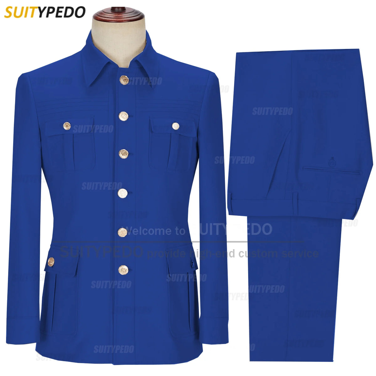 Neu eingetroffen Elegante 2-teilige Herrenanzüge mit schmaler Passform, modische Hochzeitsanzüge mit vier Taschen (Sakko + Hose) Goldknopf-Tuxedos