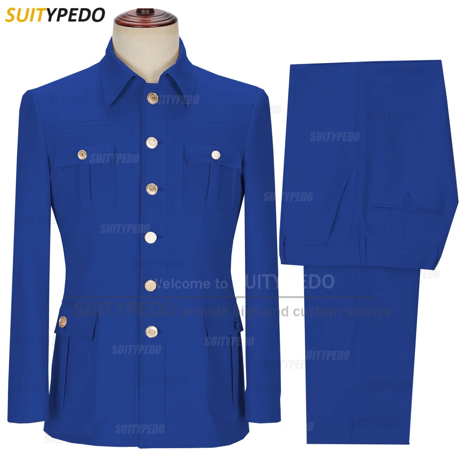 New Arrival  Elegant 2 Piece Slim Fit Men's Suits Fashion Four Pocket Wedding Party Suits（Blazer+Pants) Gold Button Texudos