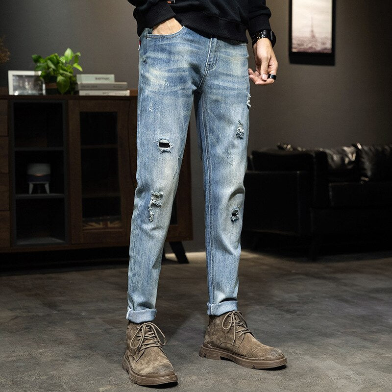 Korean Fashion Streetwear Cotton Men&#39;s Jeans Man Hole Denim Pants Classic Clothes Overalls Straight Trousers for Men Large Size