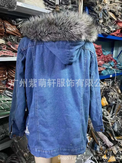 Autumn Women Fashion Denim Coats Retro Big Fur Collar Denim Jacket Temperament Hole Distressed Stitching Jackets Coat