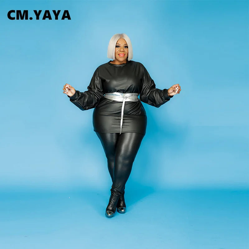 CM.YAYA Active Plus Size XL-5XL Faux Leather Women's Set Jumper Tops Legging Pants Suit Tracksuit Two Piece Set Fitness Outfit