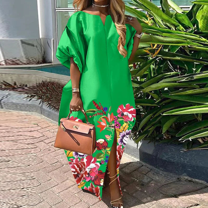Übergröße 5XL Damen Böhmisches Satin Seide Maxi Langes Kleid 2025 Sommer Strandkleid Elegant V-Ausschnitt Vestidos Lässiges Weites Robe Femme