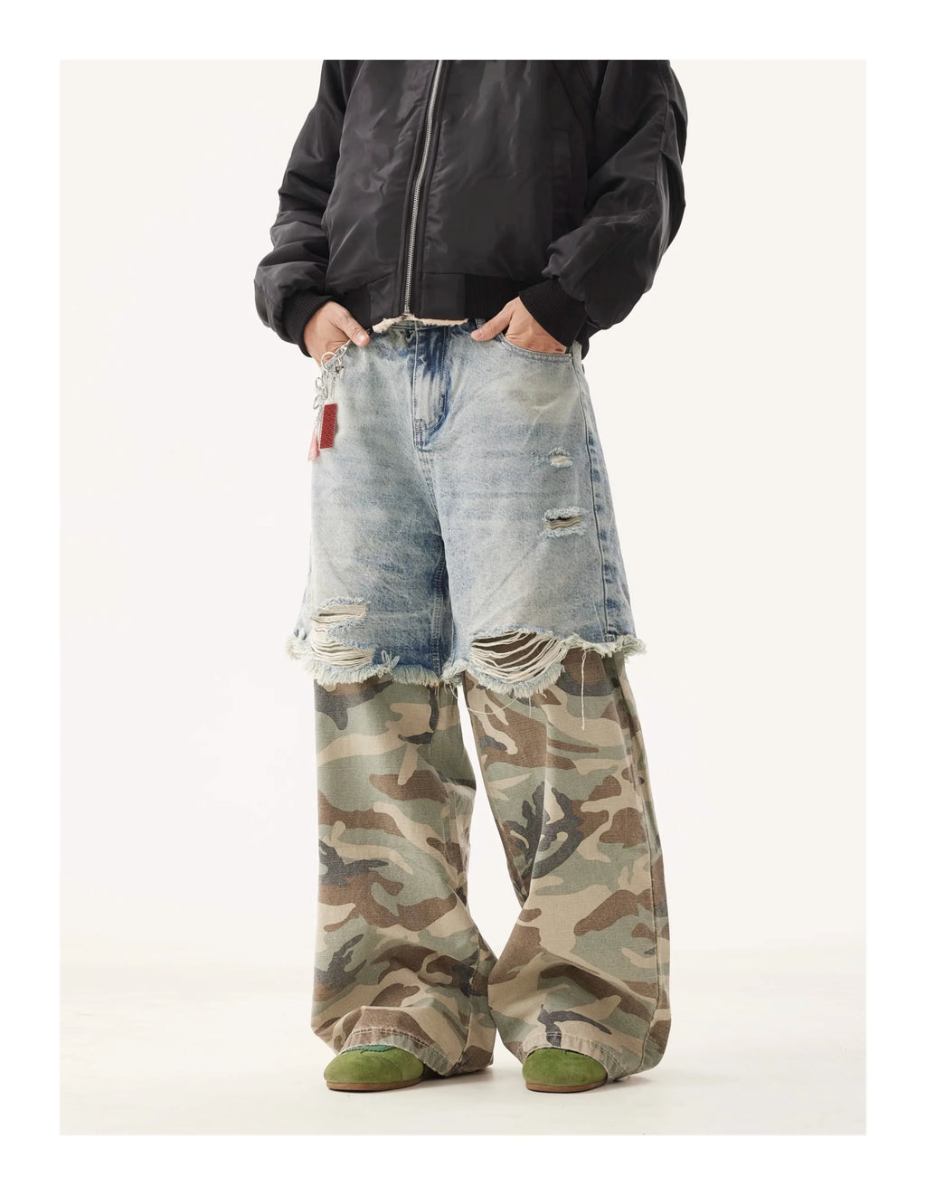 PFNW Niche Design Men's Jeans Washed Distressed Colorblock Splic Fake Two Piece Loose Straight Trousers Wide Leg Pants 28W5474