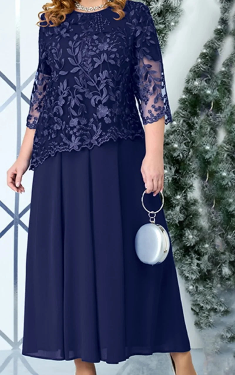 4XL 5XL Übergröße Damen Kleidung 2024 Frühling Sommer Stickerei Falsche Zweiteilige Partykleid für Hochzeitsgast Kirchenkleid