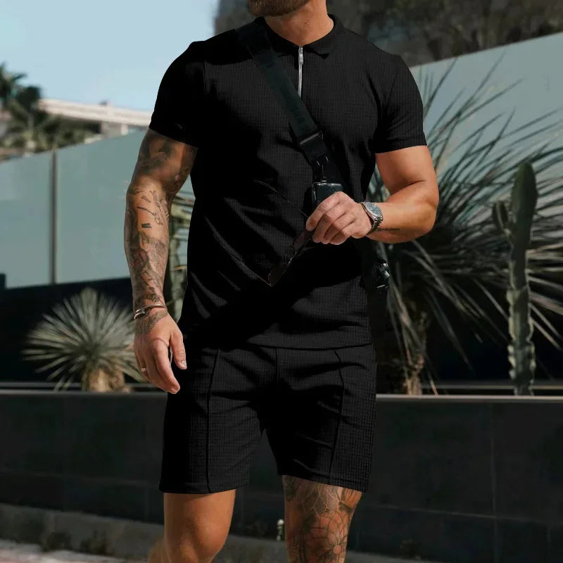 2025 Summer Men's Polo Shirt Set Solid Color Waffle Short Sleeve Slim Fit Collar T-shirt Casual Men's Set